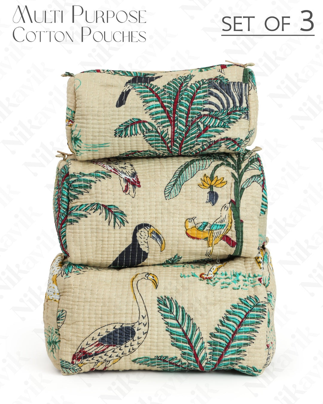 Beige Handcrafted Quilted Cotton Pouch Set – Pack of 3