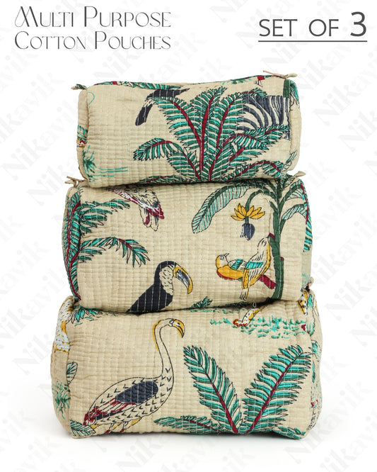 Beige Handcrafted Quilted Cotton Pouch Set – Pack of 3