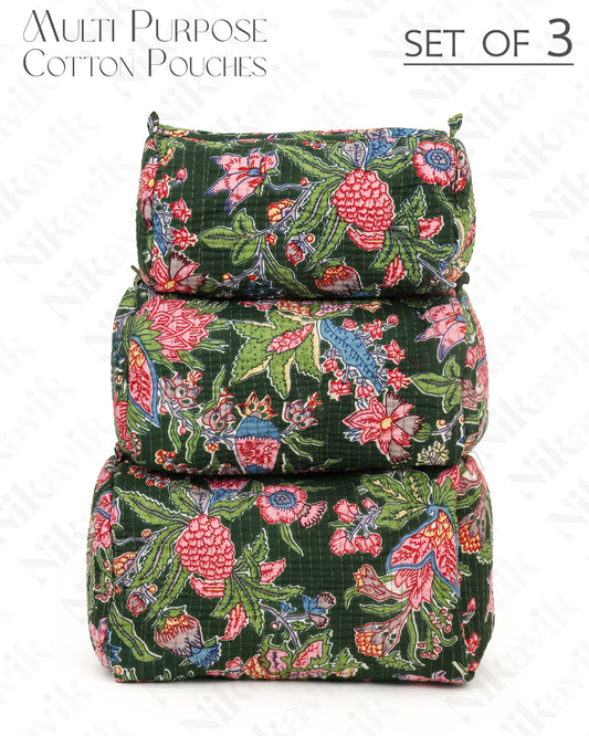 Green Handcrafted Quilted Cotton Pouch Set – Pack of 3