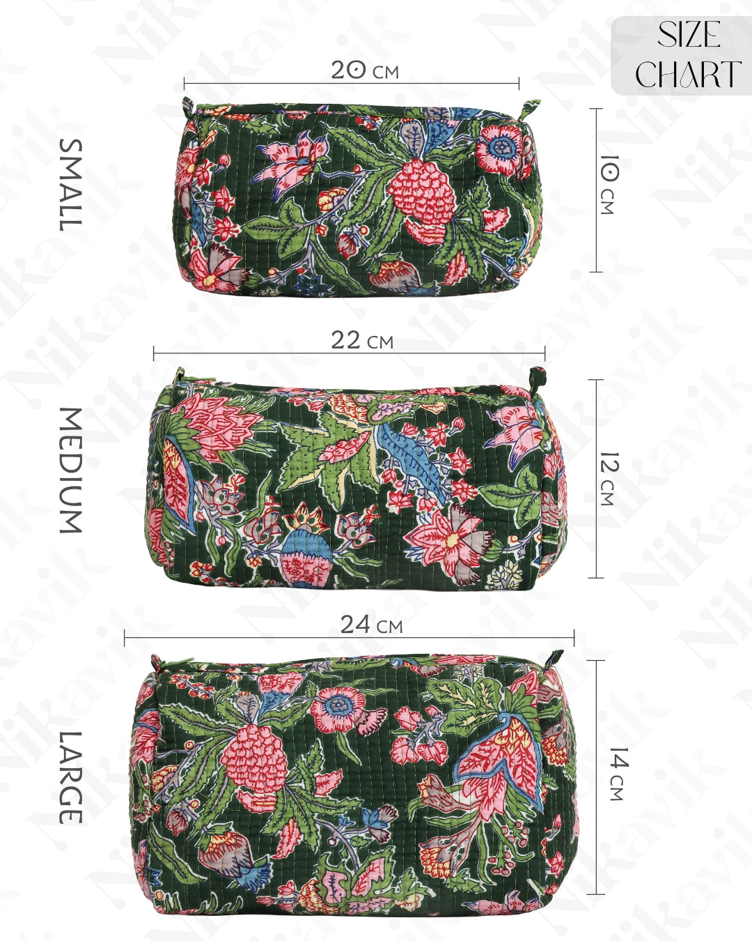Green Handcrafted Quilted Cotton Pouch Set – Pack of 3