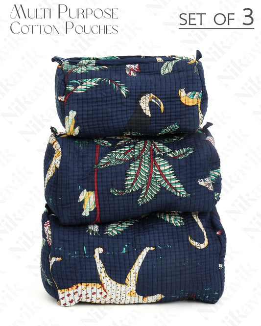Navi Blue Handcrafted Quilted Cotton Pouch Set – Pack of 3