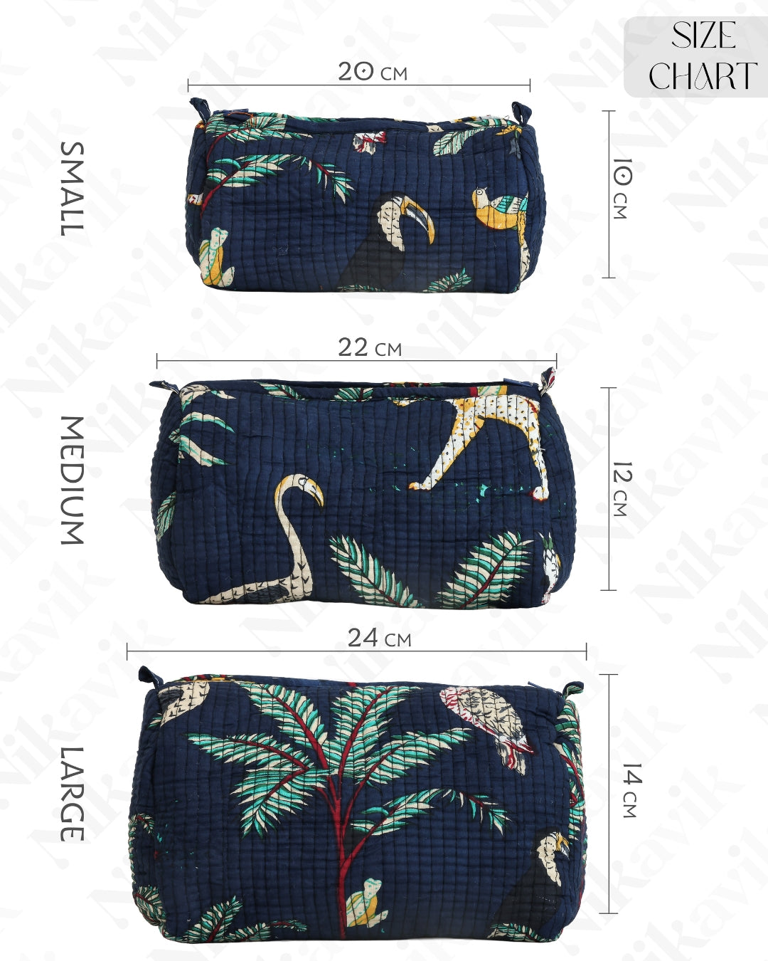 Navi Blue Handcrafted Quilted Cotton Pouch Set – Pack of 3