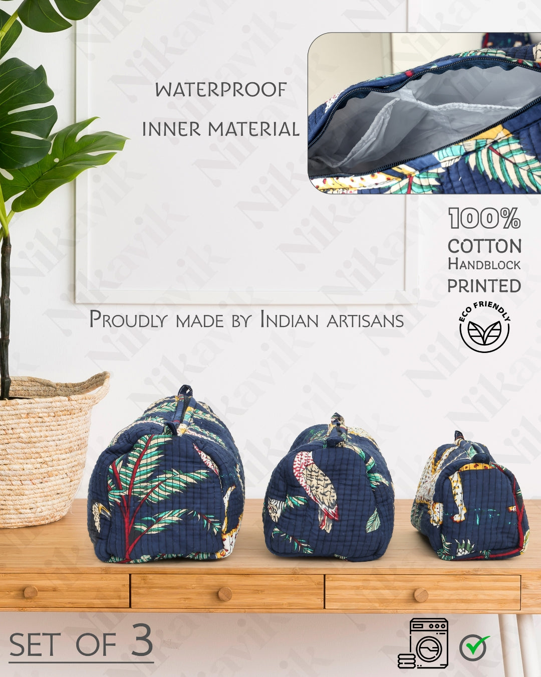 Navi Blue Handcrafted Quilted Cotton Pouch Set – Pack of 3