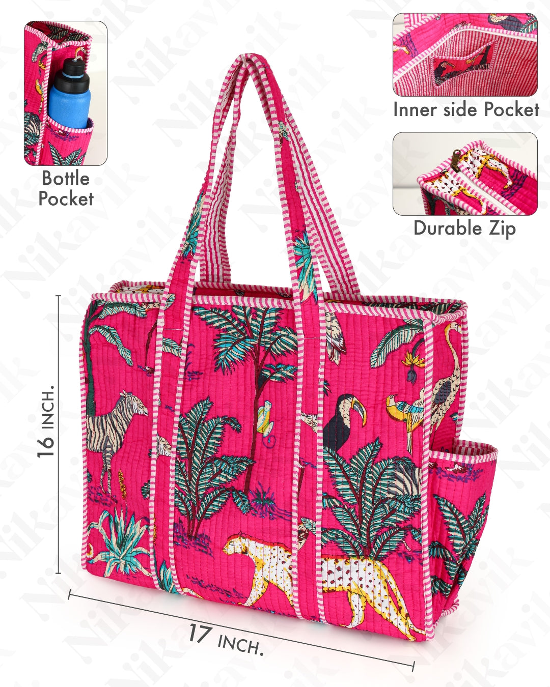 Dark Pink Quilted Cotton Tote Bag