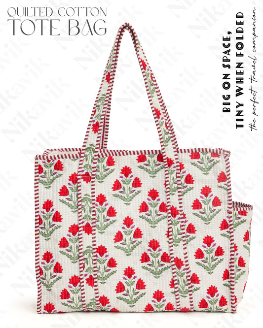 Red & White Cotton Tote Bag with 3 Matching Pouches