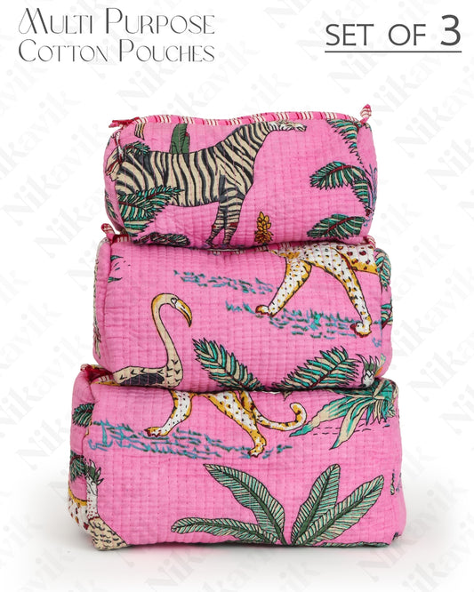 Pink Handcrafted Quilted Cotton Pouch Set – Pack of 3