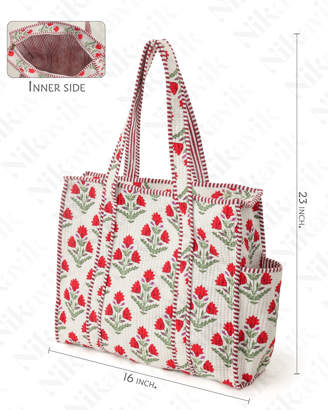 Red & White Cotton Tote Bag with 3 Matching Pouches