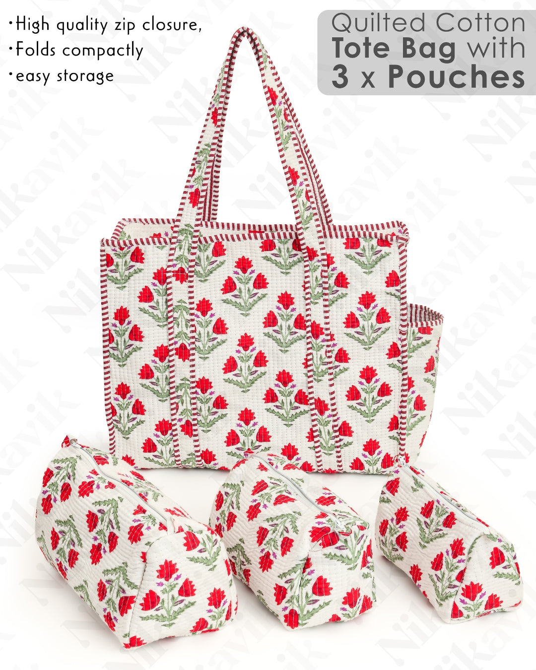 Red & White Cotton Tote Bag with 3 Matching Pouches