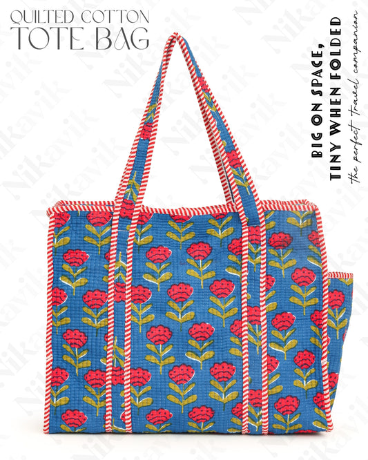 Blue Cotton Tote Bag with 3 Matching Pouches