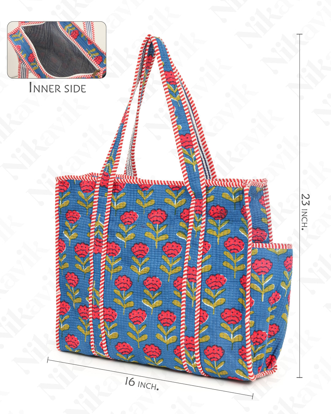 Blue Cotton Tote Bag with 3 Matching Pouches