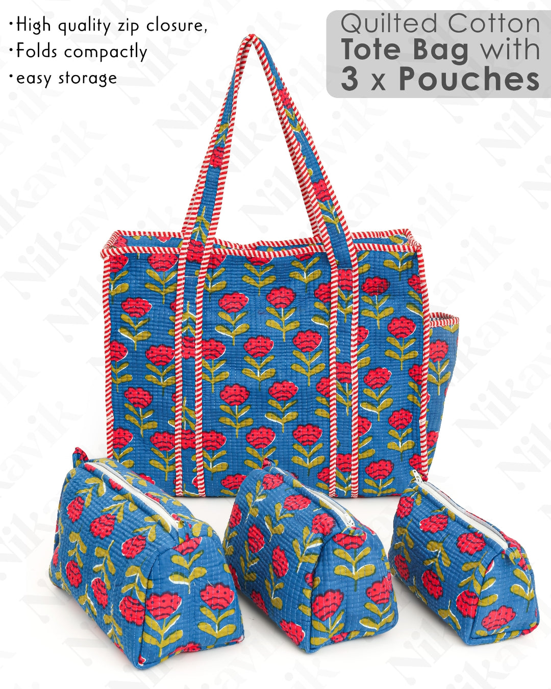 Blue Cotton Tote Bag with 3 Matching Pouches