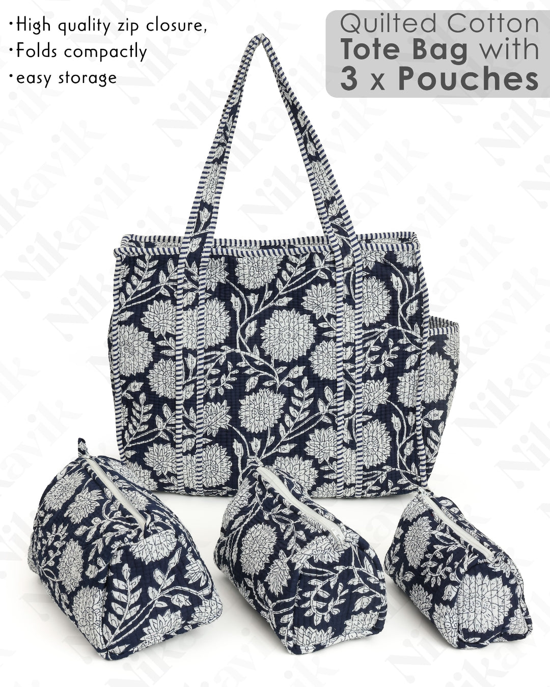 Gray Cotton Tote Bag with 3 Matching Pouches