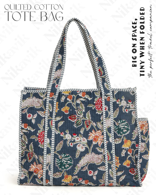 Dark Gray Blue Cotton Tote Bag with 3 Matching Pouches