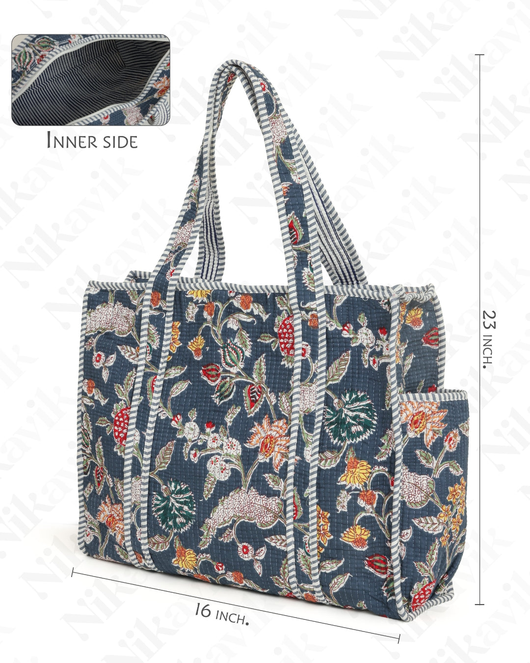 Dark Gray Blue Cotton Tote Bag with 3 Matching Pouches
