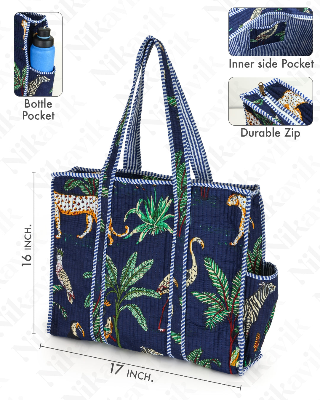 Blue Quilted Cotton Tote Bag