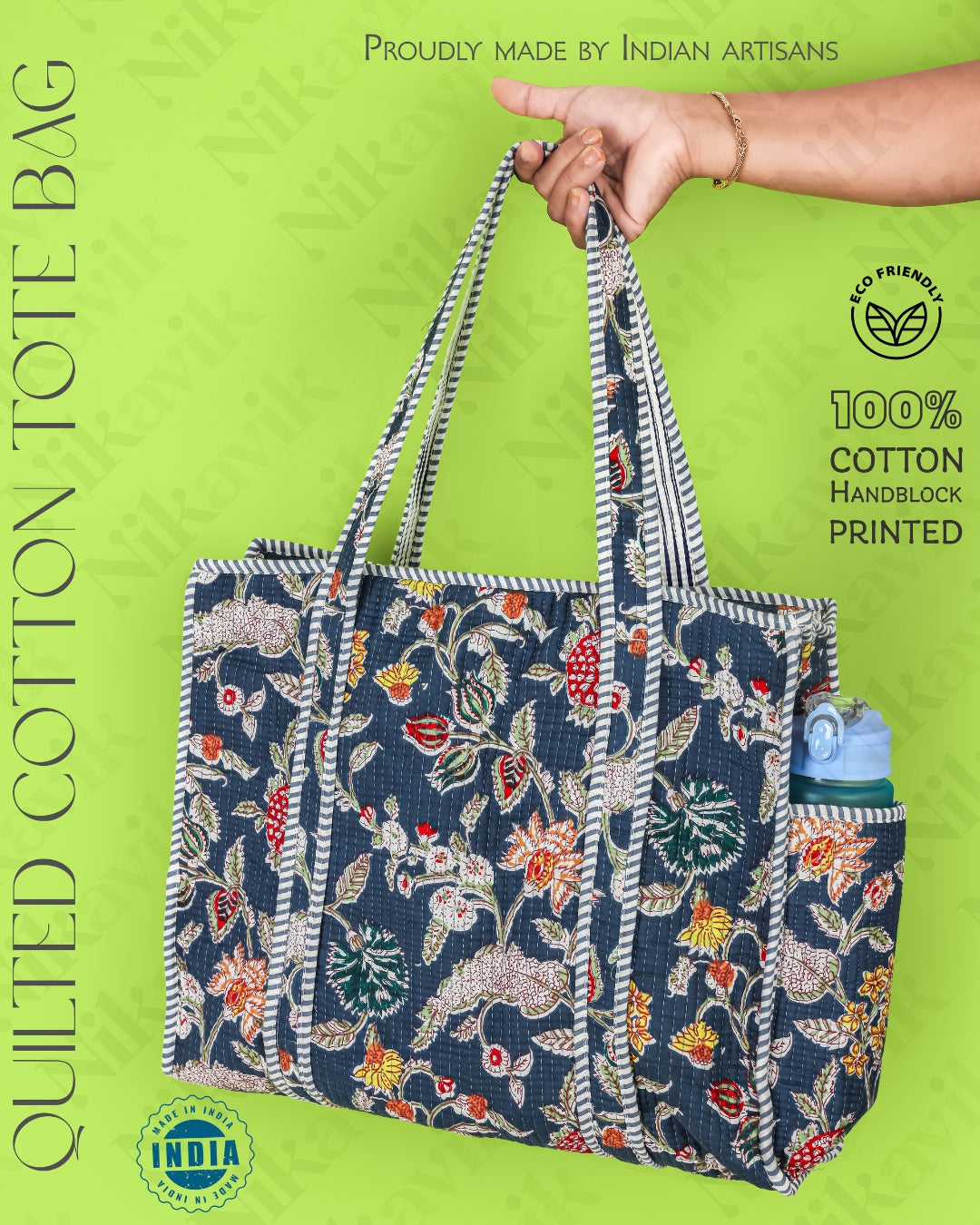 Dark Gray Blue Cotton Tote Bag with 3 Matching Pouches
