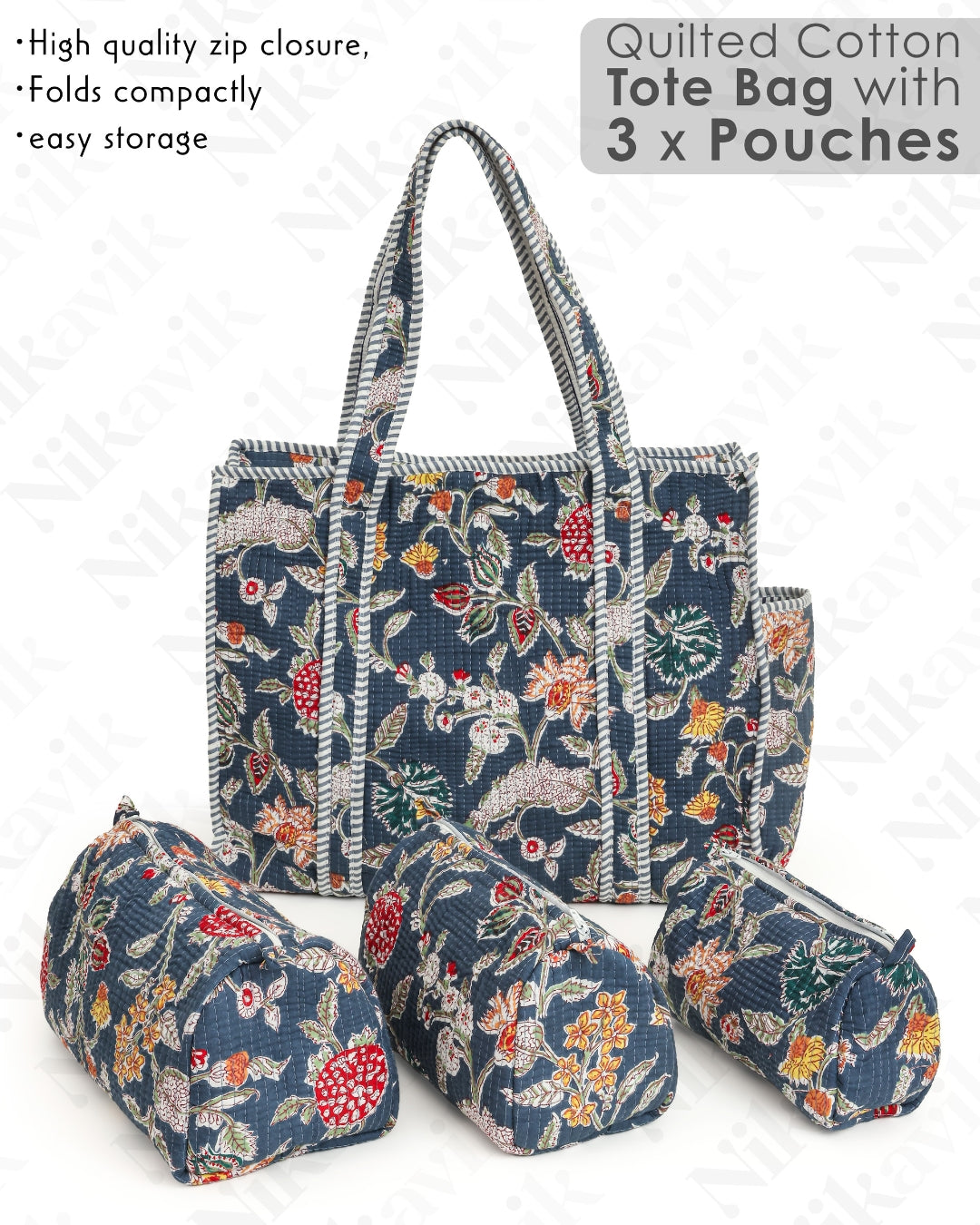 Dark Gray Blue Cotton Tote Bag with 3 Matching Pouches