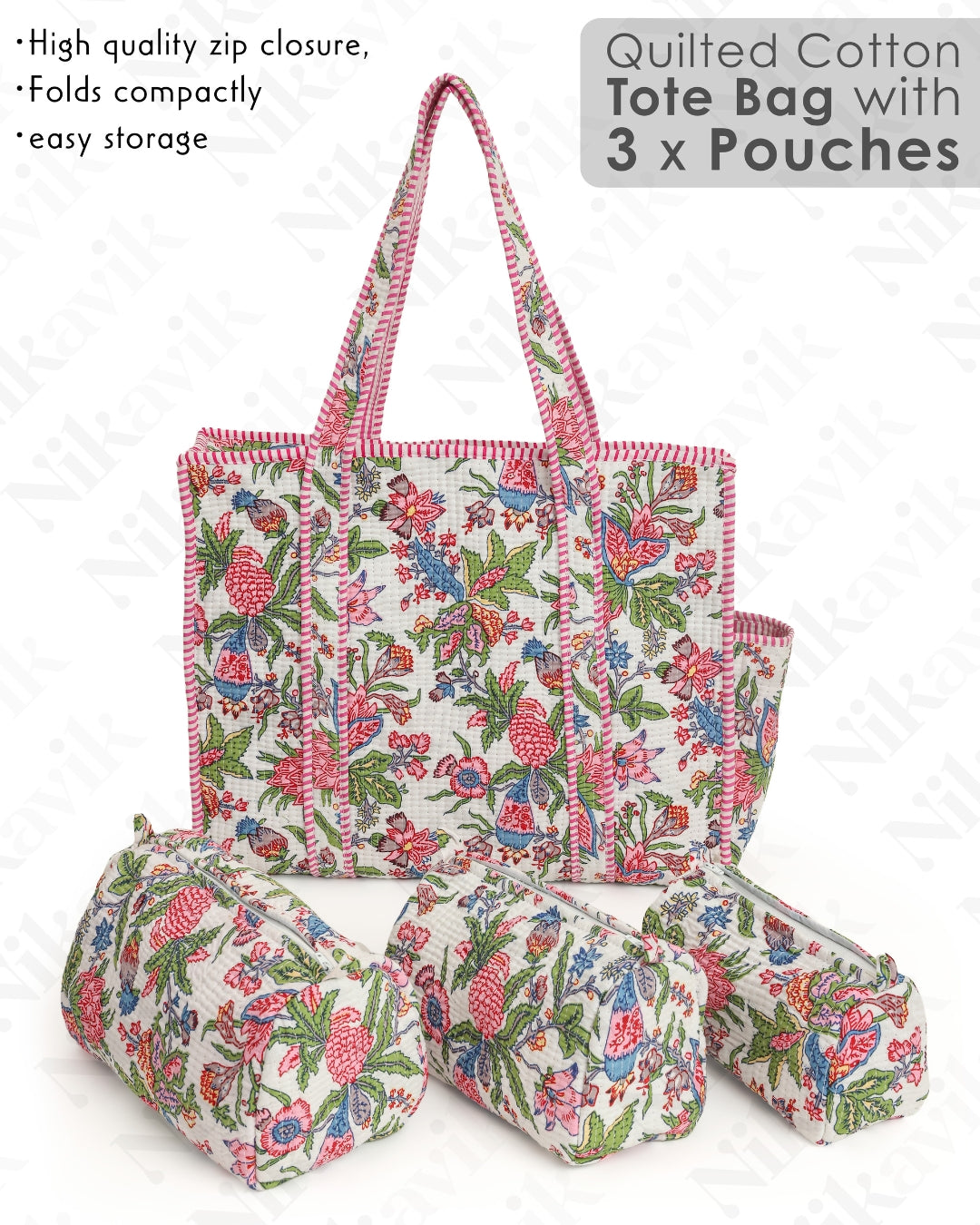 Pink Cotton Tote Bag with 3 Matching Pouches