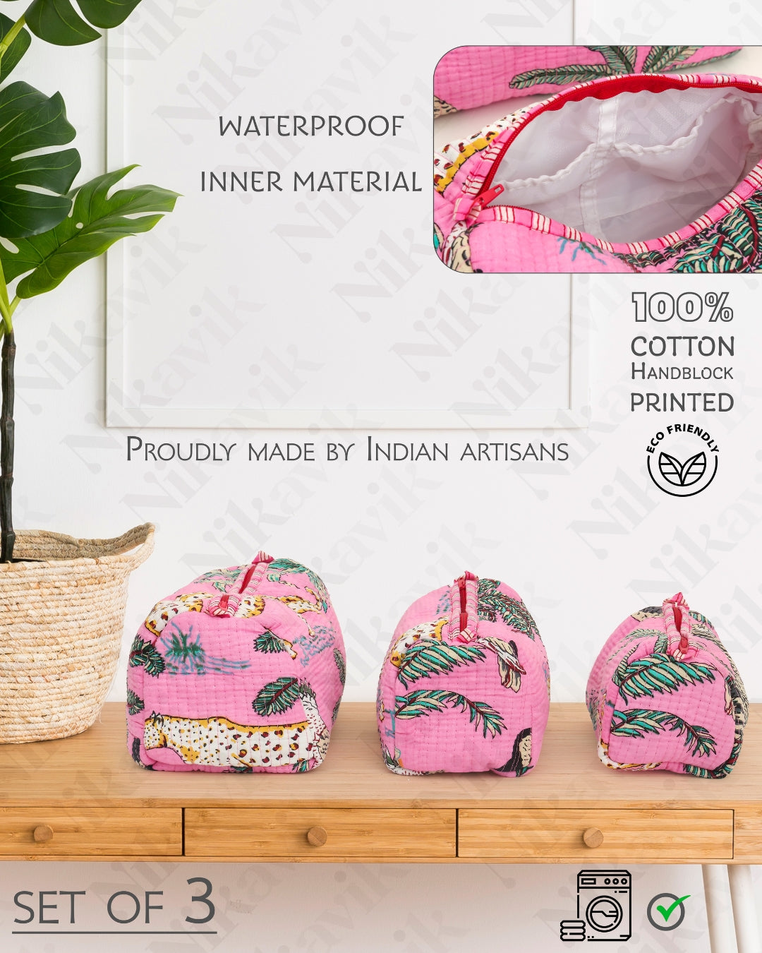 Pink Handcrafted Quilted Cotton Pouch Set – Pack of 3