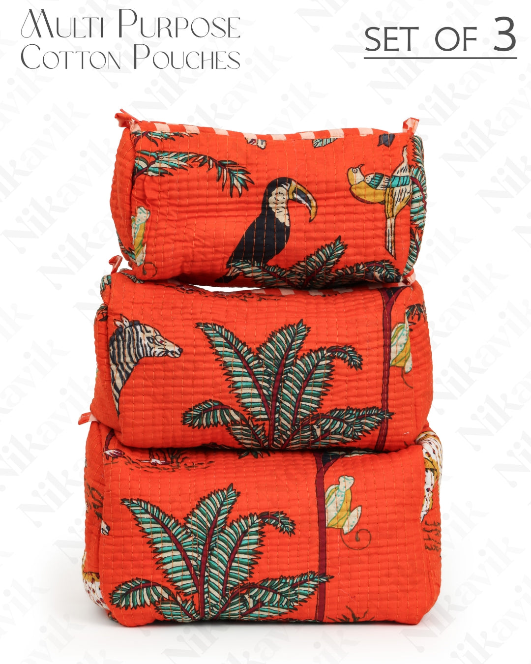 Orange Handcrafted Quilted Cotton Pouch Set – Pack of 3