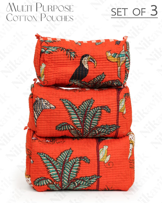 Orange Handcrafted Quilted Cotton Pouch Set – Pack of 3
