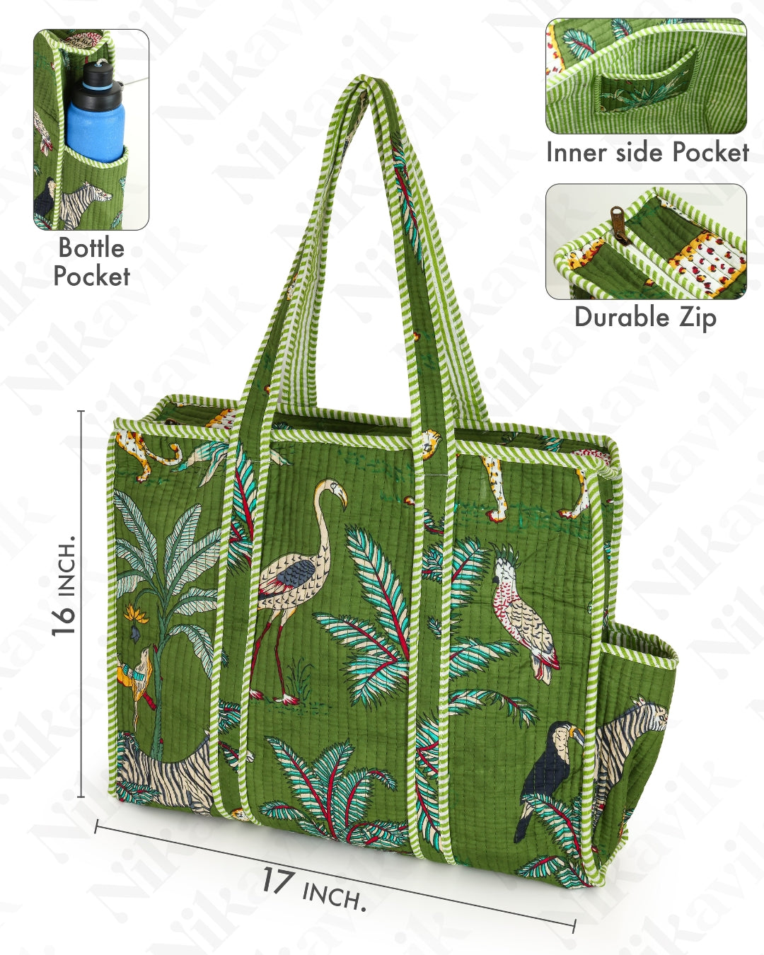 Green Quilted Cotton Tote Bag