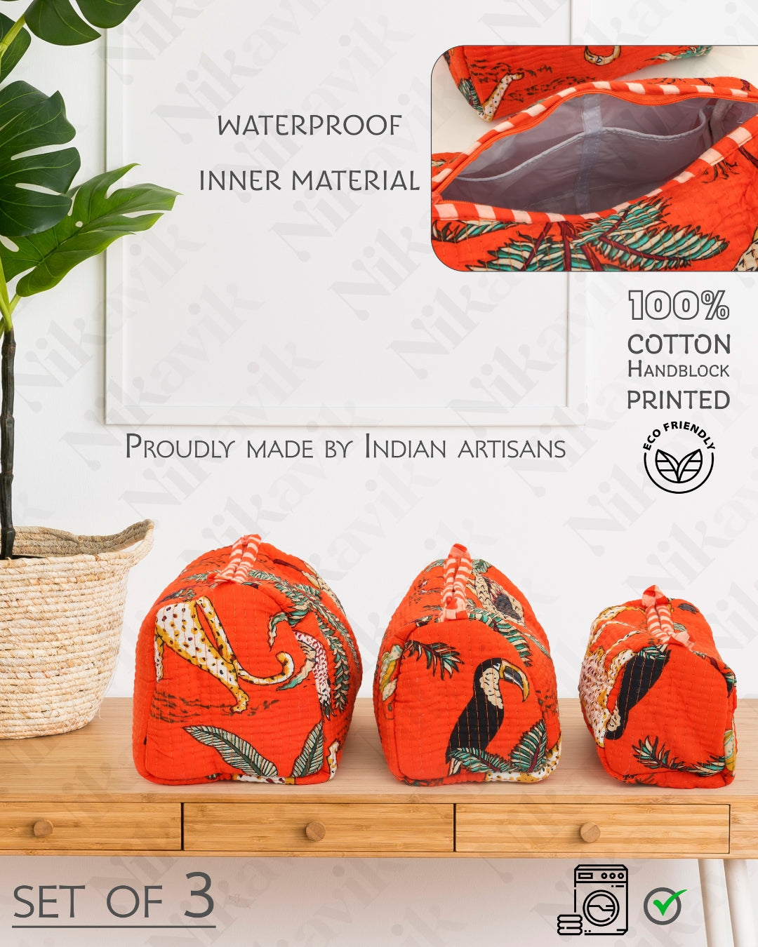 Orange Handcrafted Quilted Cotton Pouch Set – Pack of 3