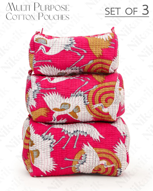 Crimson Handcrafted Quilted Cotton Pouch Set – Pack of 3