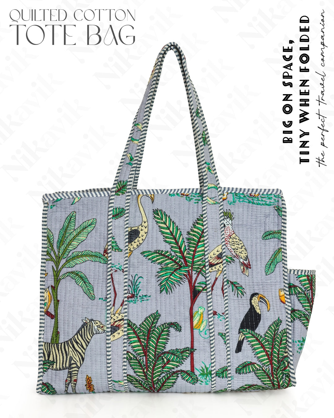 Gray Quilted Cotton Tote Bag