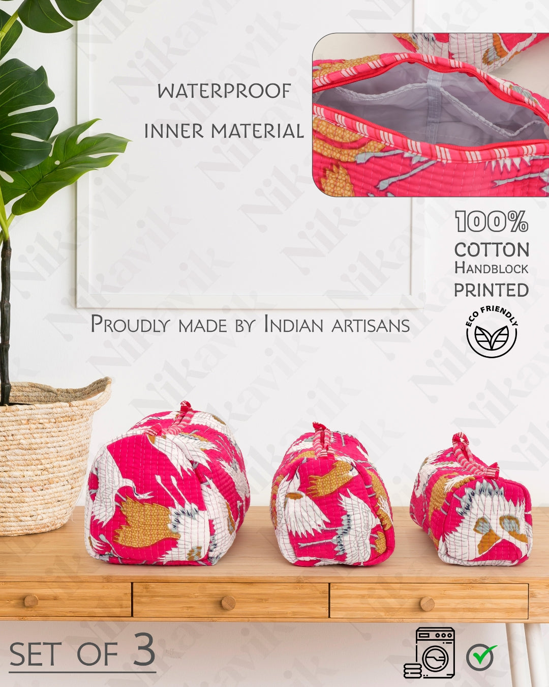 Crimson Handcrafted Quilted Cotton Pouch Set – Pack of 3