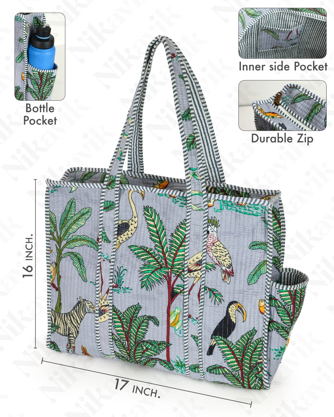 Gray Quilted Cotton Tote Bag