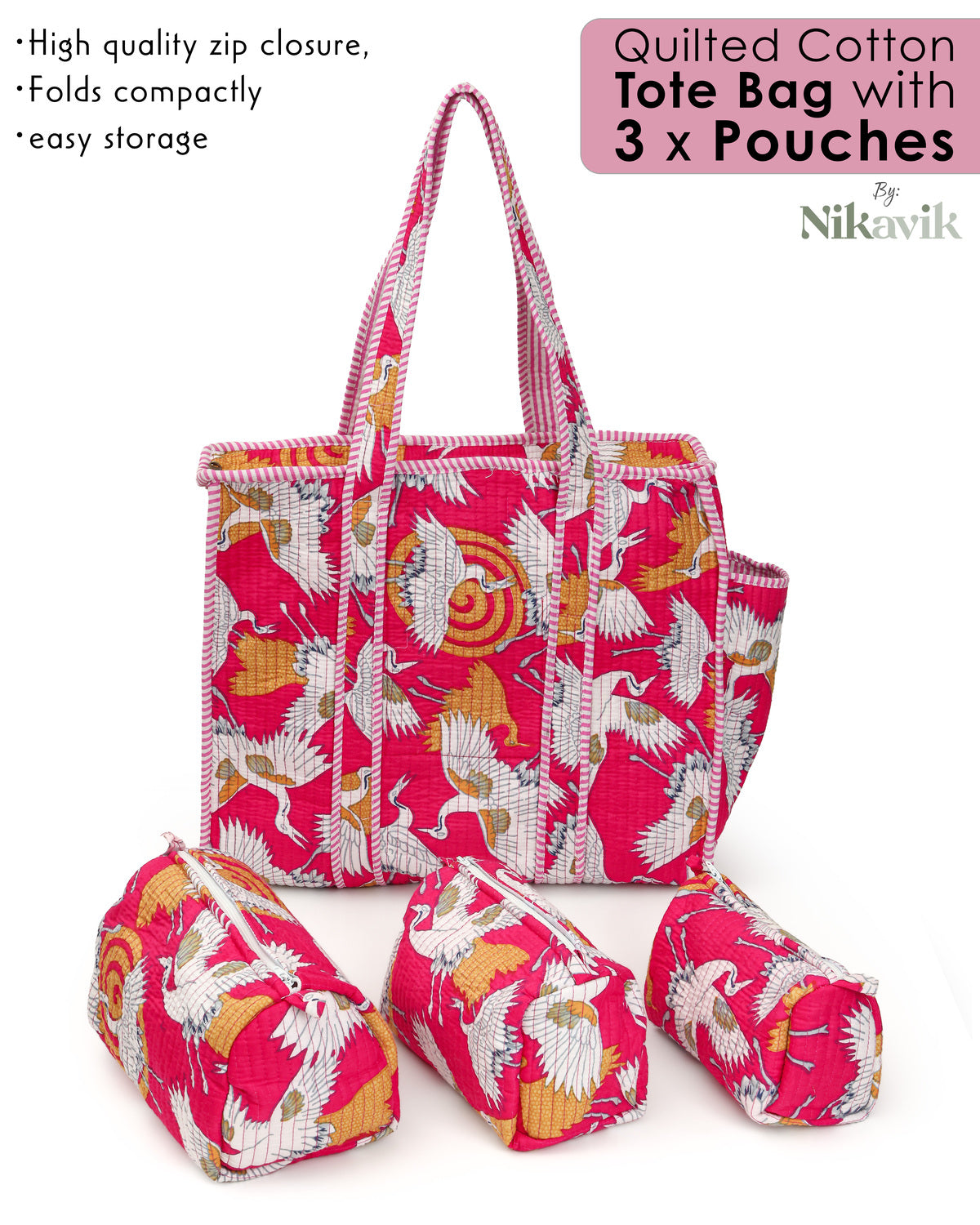 Spanish Carmine Cotton Tote Bag with 3 Matching Pouches ( Sets Of 4 )