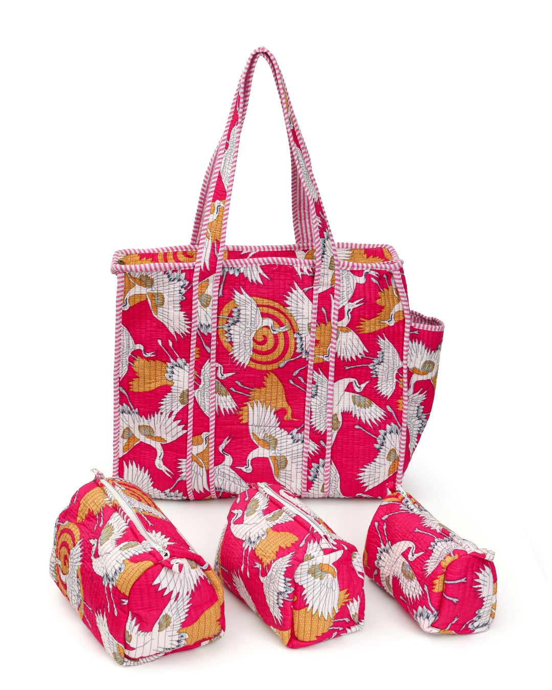 Spanish Carmine Cotton Tote Bag with 3 Matching Pouches ( Sets Of 4 )