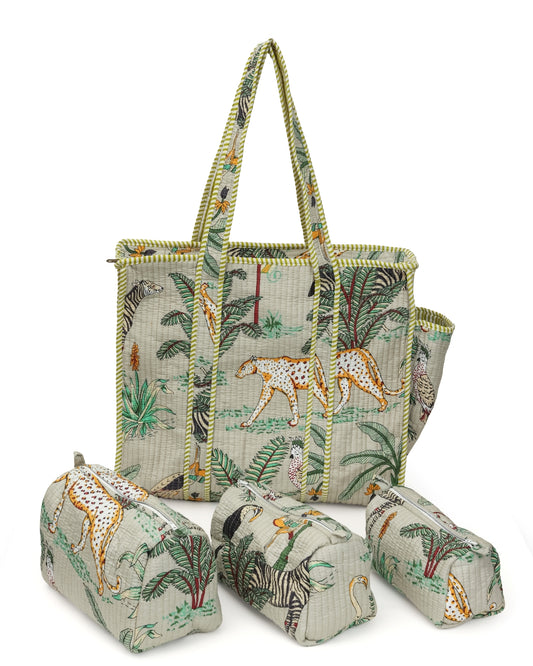 Laurel Green Cotton Tote Bag with 3 Matching Pouches ( Sets Of 4 )