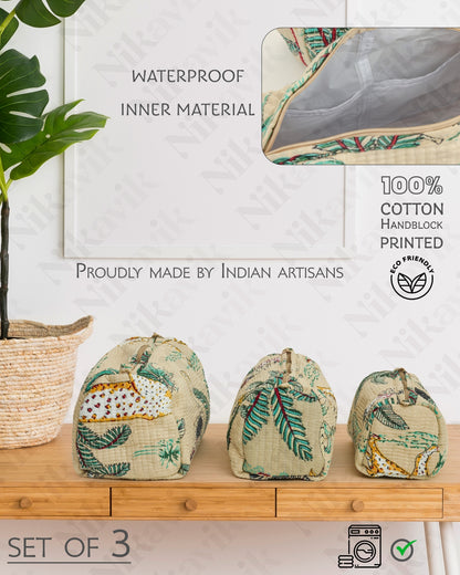 Beige Handcrafted Quilted Cotton Pouch Set – Pack of 3