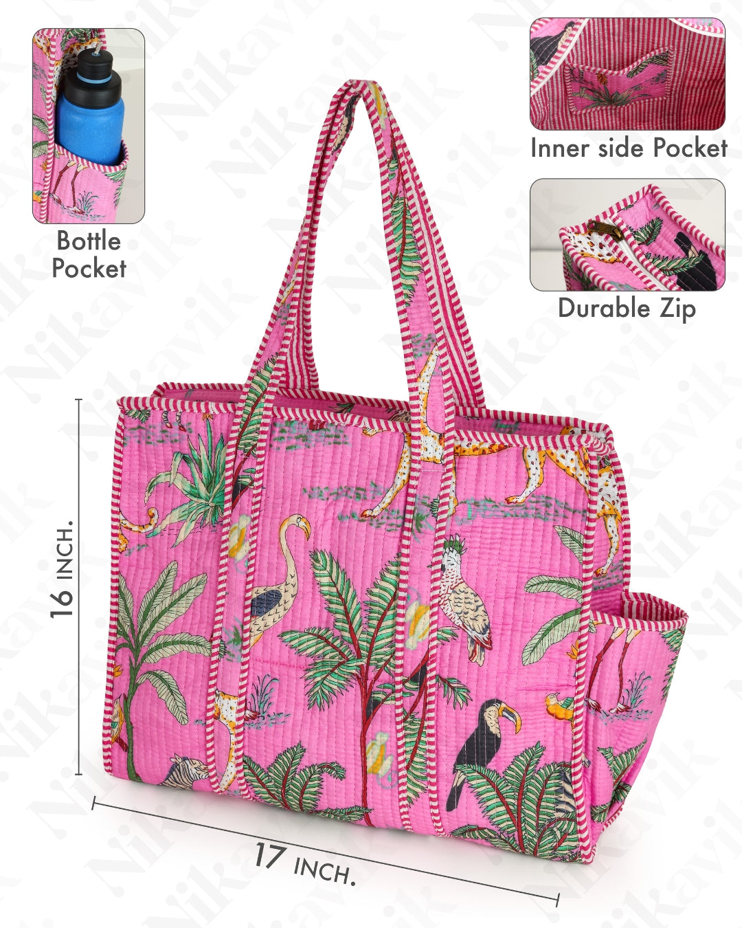 Pink Quilted Cotton Tote Bag