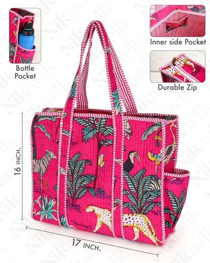 Dark Pink Quilted Cotton Tote Bag