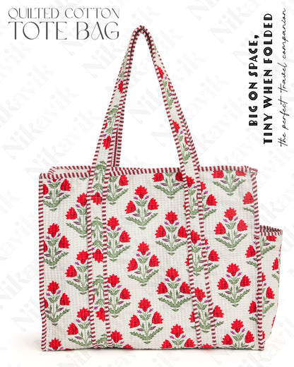 Red & White Cotton Tote Bag with 3 Matching Pouches