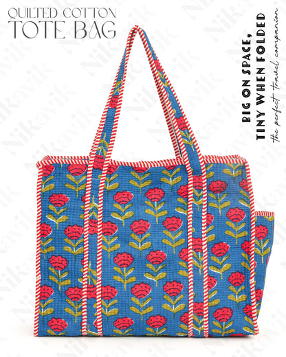 Blue Cotton Tote Bag with 3 Matching Pouches