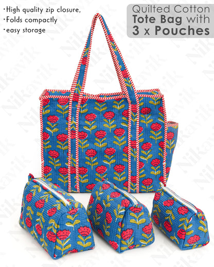 Blue Cotton Tote Bag with 3 Matching Pouches