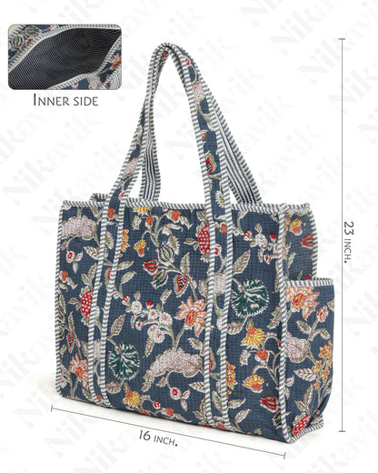 Dark Gray Blue Cotton Tote Bag with 3 Matching Pouches