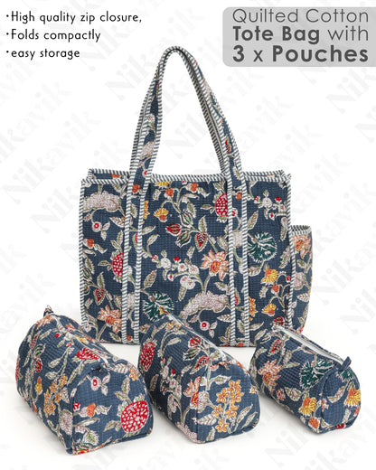 Dark Gray Blue Cotton Tote Bag with 3 Matching Pouches