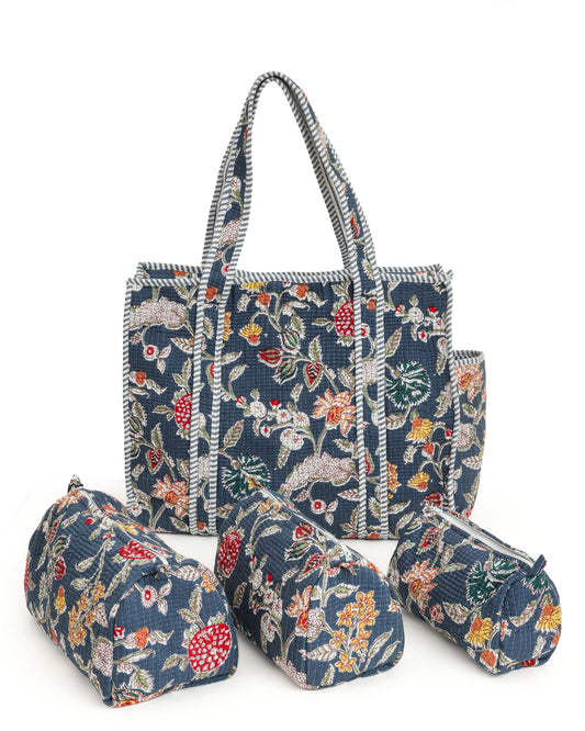 Dark Gray Blue Cotton Tote Bag with 3 Matching Pouches ( Sets Of 4 )