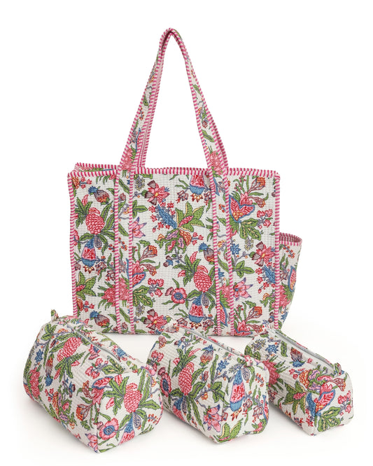Pink Cotton Tote Bag with 3 Matching Pouches ( Sets Of 4 )