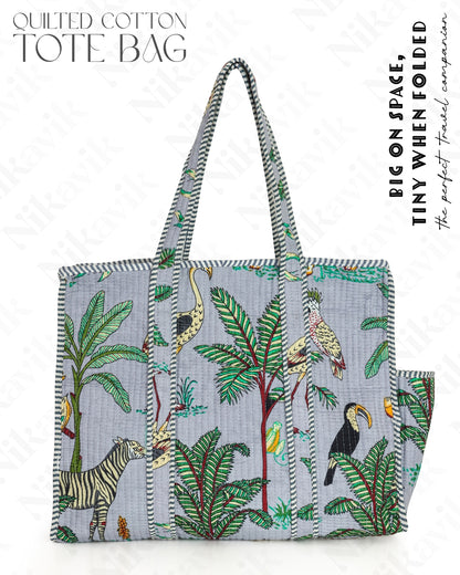 Gray Quilted Cotton Tote Bag