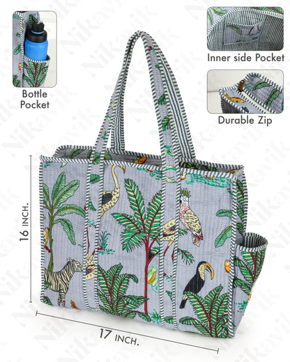 Gray Quilted Cotton Tote Bag